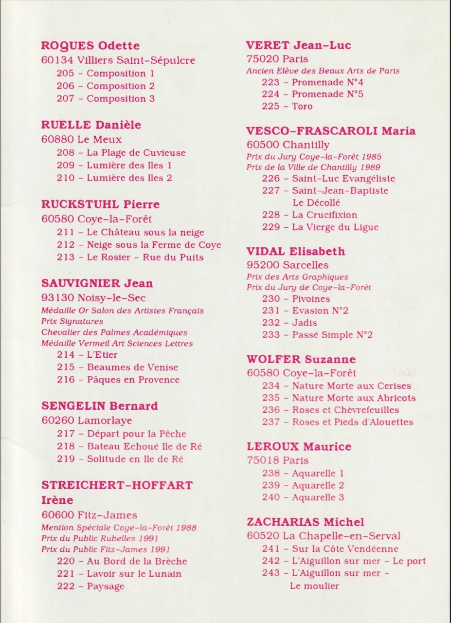 Liste participants au XXVIᵉ Salon des Beaux-Arts — Coye-la-Forêt (1991), dont Jean Luc Veret