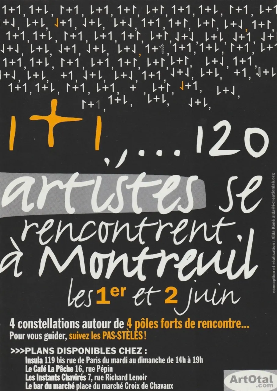 Affiche exposition 1+1… 120 artistes se rencontrent à Montreuil