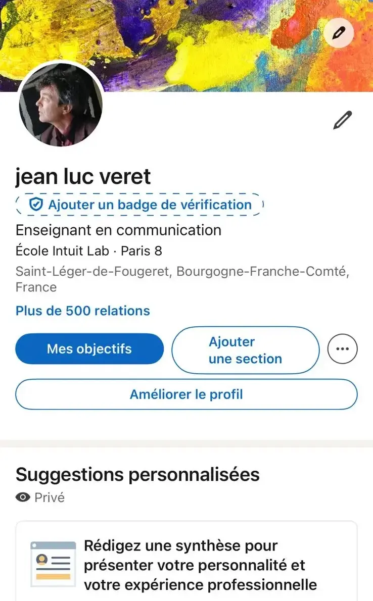 Page LinkedIn mobile de JeanLuc Veret - artiste plasticien